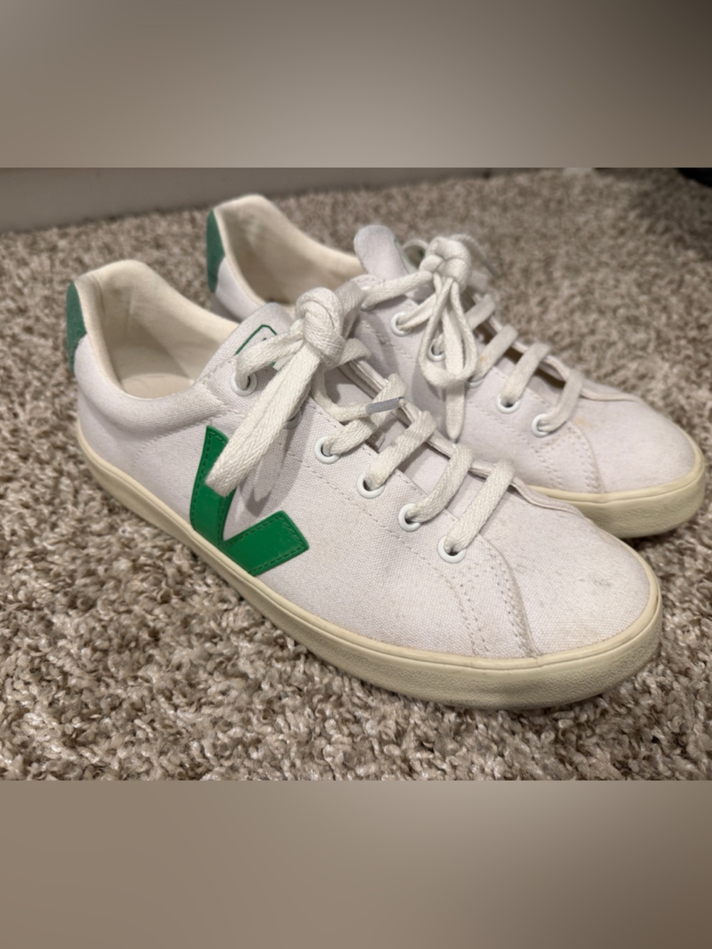 Veja White Canvas Sneakers with Green V Logo